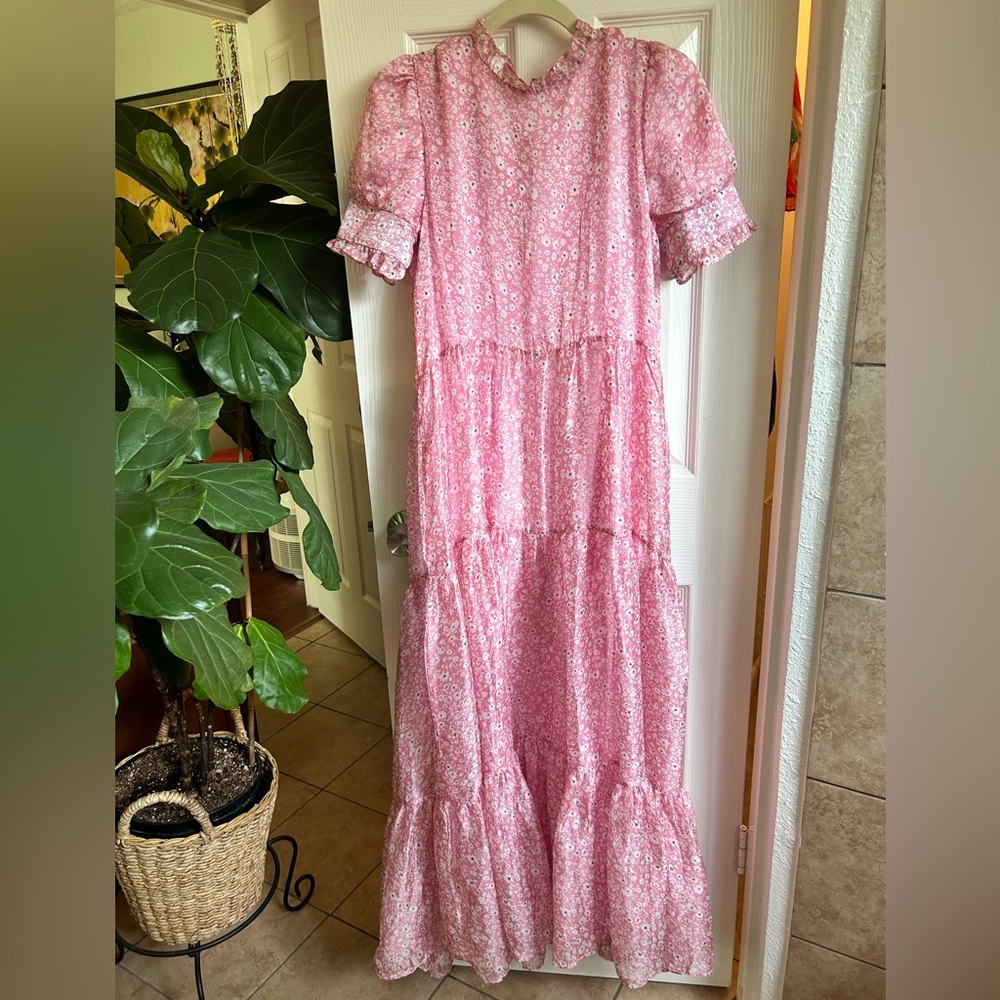 Sister Jane pink dress high low floral tiered ruffle Bando
